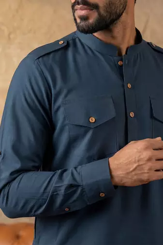 Men blue viscose rayon solid straight pathani set
