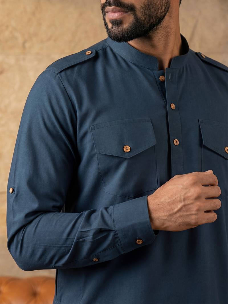 Men blue viscose rayon solid straight pathani set