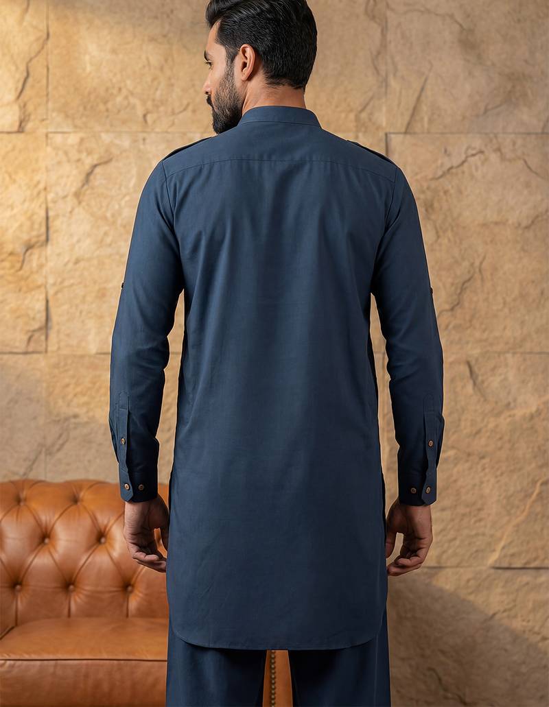 Men blue viscose rayon solid straight pathani set