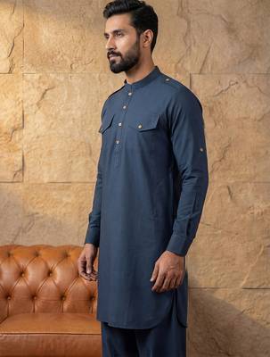 Men blue viscose rayon solid straight pathani set 5