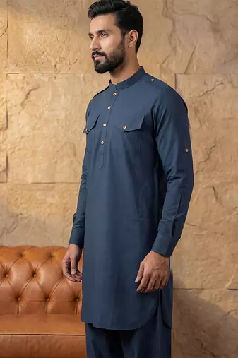 Men blue viscose rayon solid straight pathani set