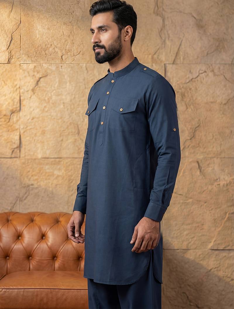 Men blue viscose rayon solid straight pathani set
