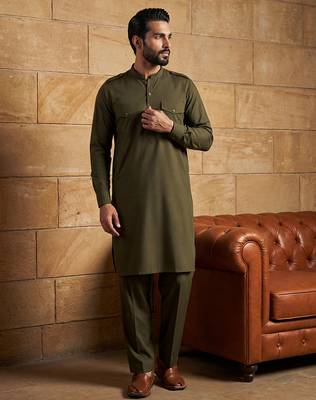 Men green viscose rayon solid straight pathani set 1
