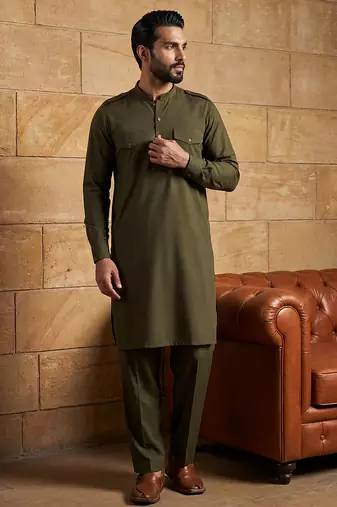 Men green viscose rayon solid straight pathani set