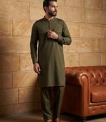 Men green viscose rayon solid straight pathani set