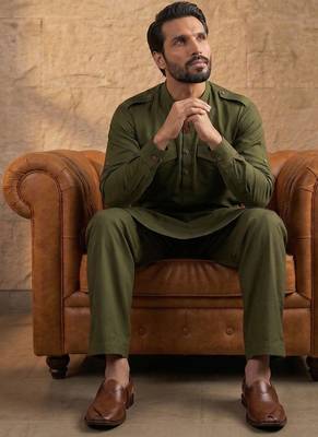 Men green viscose rayon solid straight pathani set 2