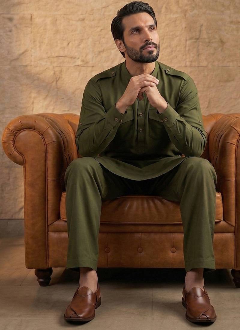 Men green viscose rayon solid straight pathani set