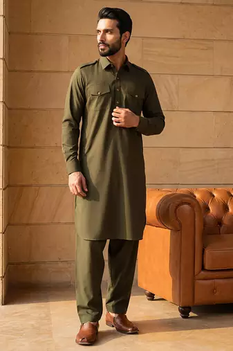 Men green viscose rayon solid straight pathani set