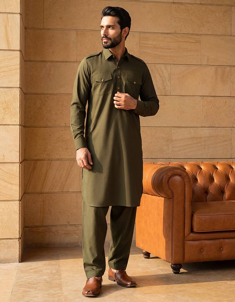 Men green viscose rayon solid straight pathani set