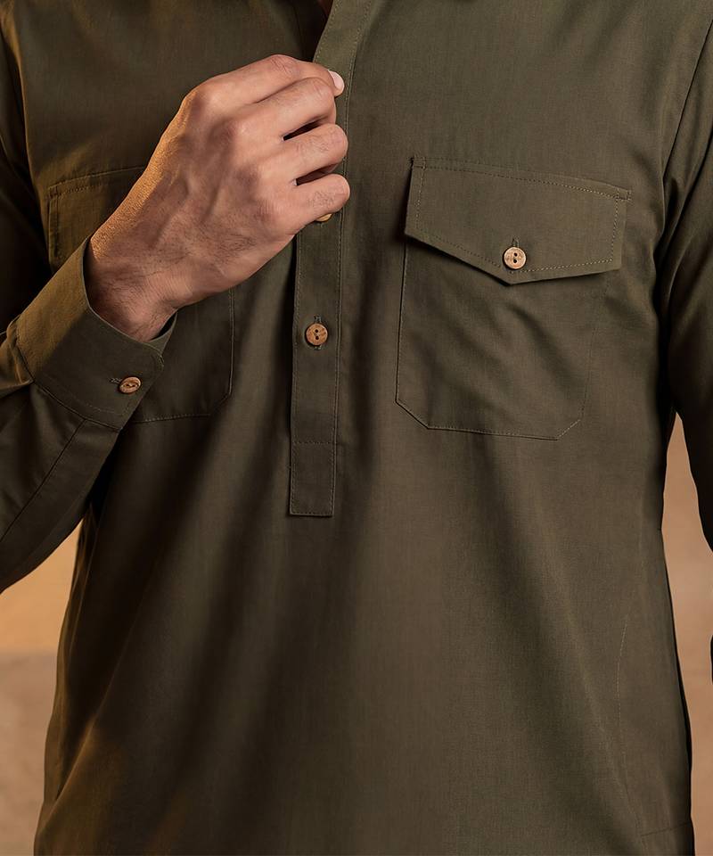 Men green viscose rayon solid straight pathani set