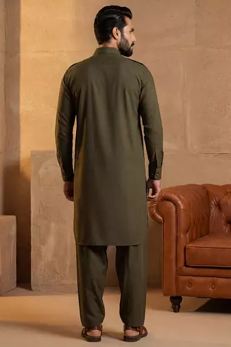 Men green viscose rayon solid straight pathani set