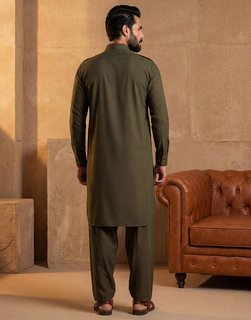 Men green viscose rayon solid straight pathani set