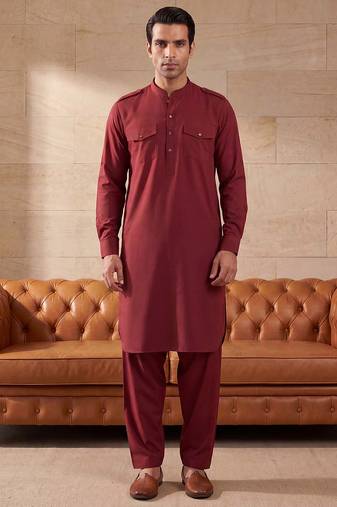Men red viscose rayon solid straight pathani set