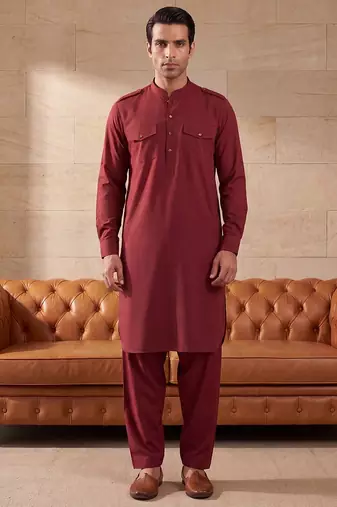Men red viscose rayon solid straight pathani set