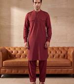 Men red viscose rayon solid straight pathani set