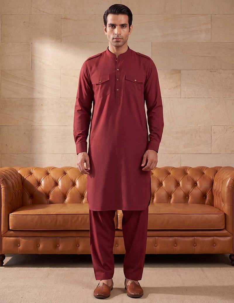 Men red viscose rayon solid straight pathani set