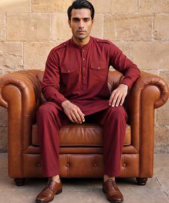 Men red viscose rayon solid straight pathani set 2