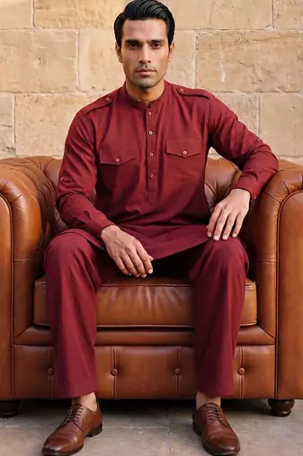 Men red viscose rayon solid straight pathani set