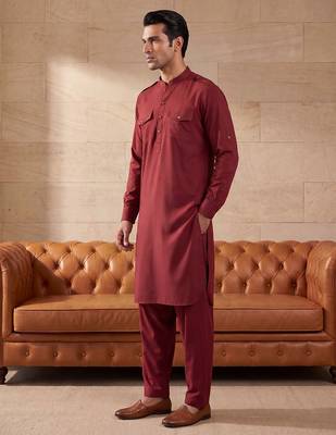 Men red viscose rayon solid straight pathani set 3