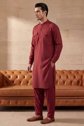 Men red viscose rayon solid straight pathani set