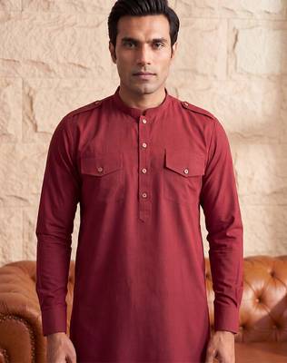 Men red viscose rayon solid straight pathani set 4