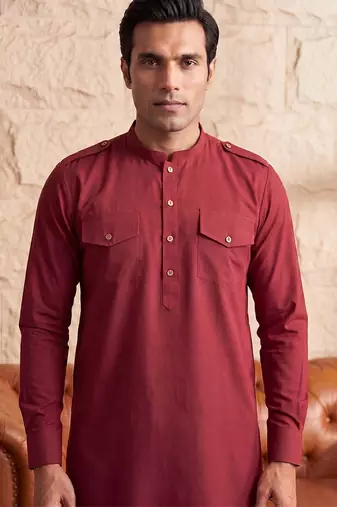 Men red viscose rayon solid straight pathani set