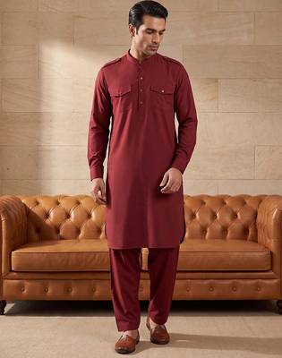 Men red viscose rayon solid straight pathani set 5