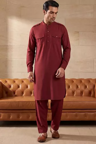 Men red viscose rayon solid straight pathani set