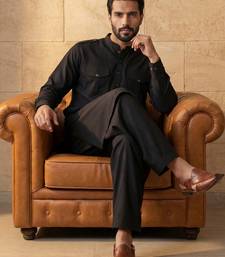 Men black viscose rayon solid straight pathani set