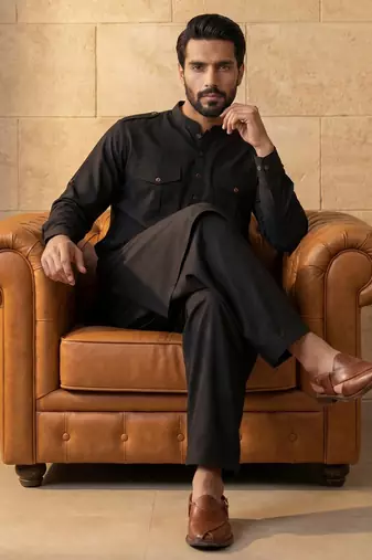 Men black viscose rayon solid straight pathani set
