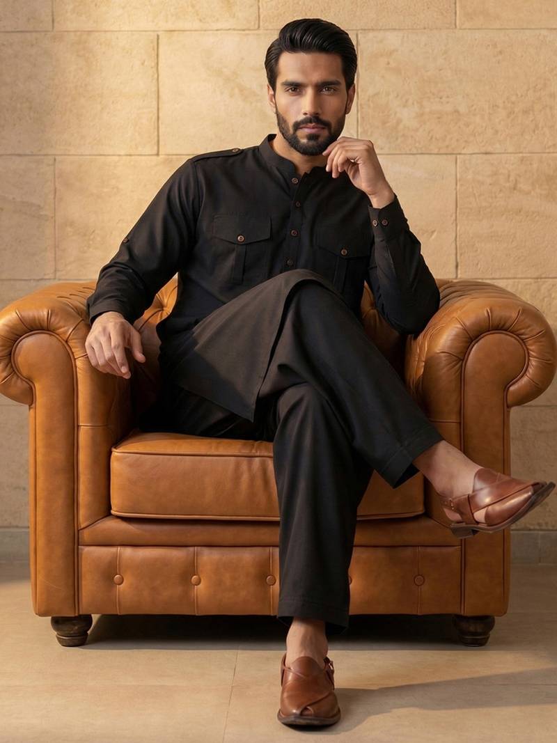 Men black viscose rayon solid straight pathani set