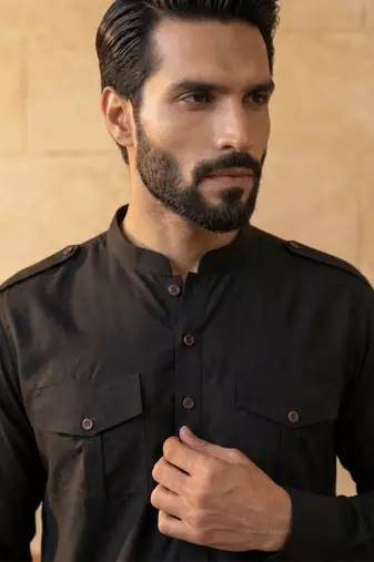 Men black viscose rayon solid straight pathani set