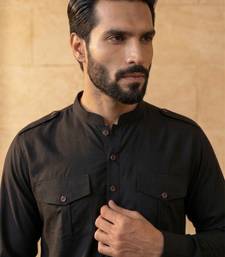 Men black viscose rayon solid straight pathani set
