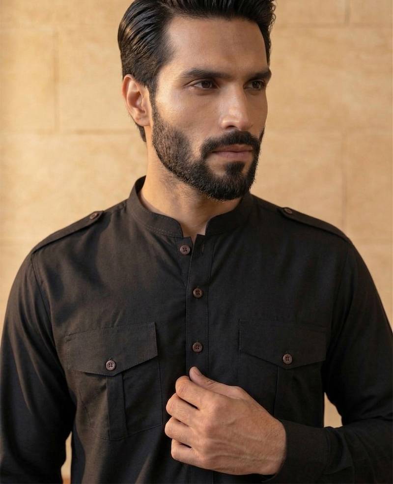 Men black viscose rayon solid straight pathani set