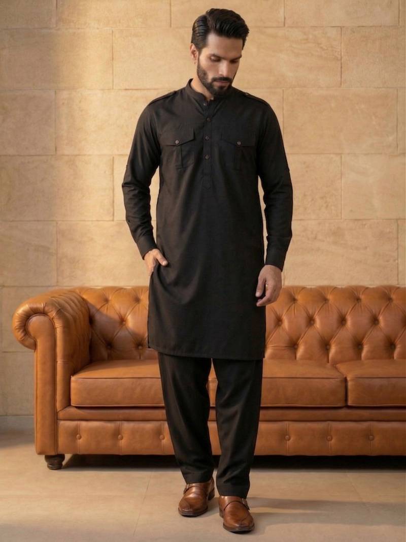 Men black viscose rayon solid straight pathani set