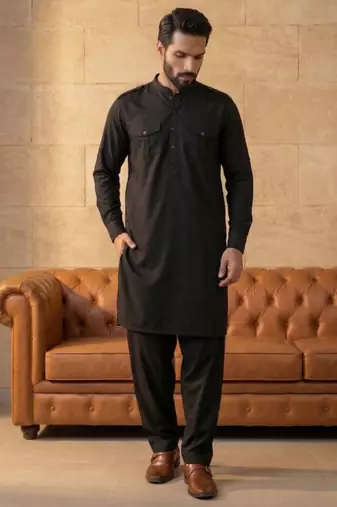 Men black viscose rayon solid straight pathani set