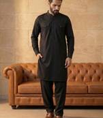 Men black viscose rayon solid straight pathani set