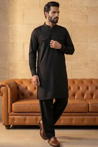 Men black viscose rayon solid straight pathani set
