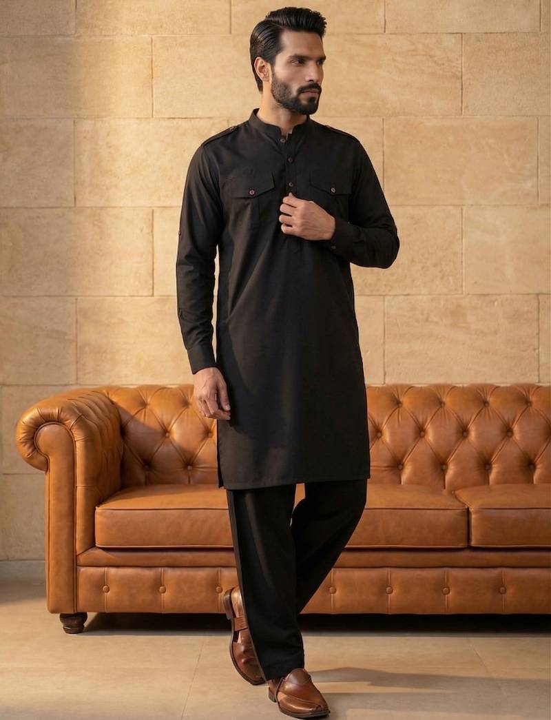 Men black viscose rayon solid straight pathani set