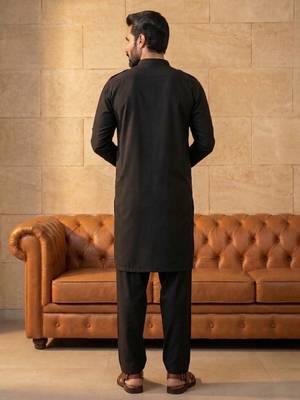 Men black viscose rayon solid straight pathani set 3