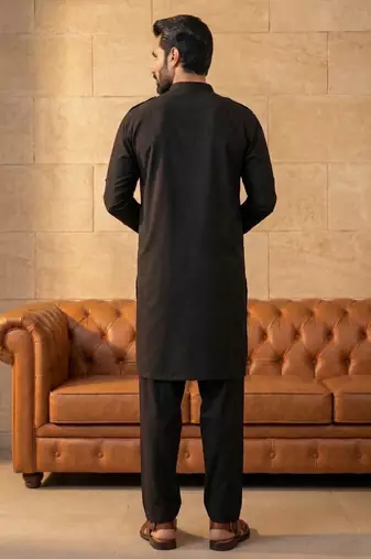Men black viscose rayon solid straight pathani set