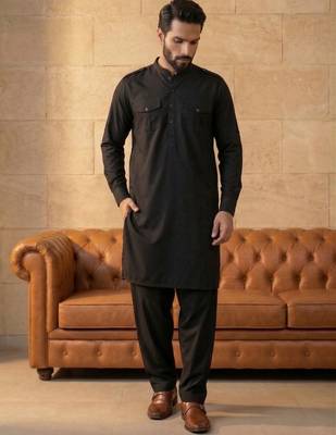 Men black viscose rayon solid straight pathani set 1