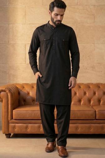Men black viscose rayon solid straight pathani set
