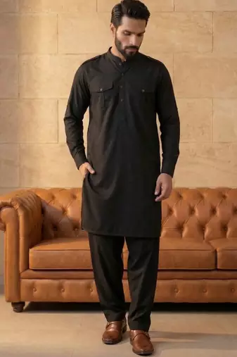 Men black viscose rayon solid straight pathani set