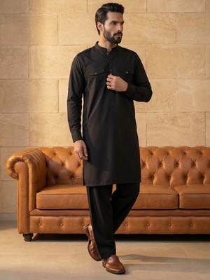 Men black viscose rayon solid straight pathani set 4
