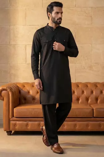 Men black viscose rayon solid straight pathani set