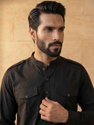 Men black viscose rayon solid straight pathani set 5