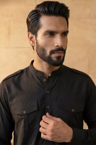 Men black viscose rayon solid straight pathani set