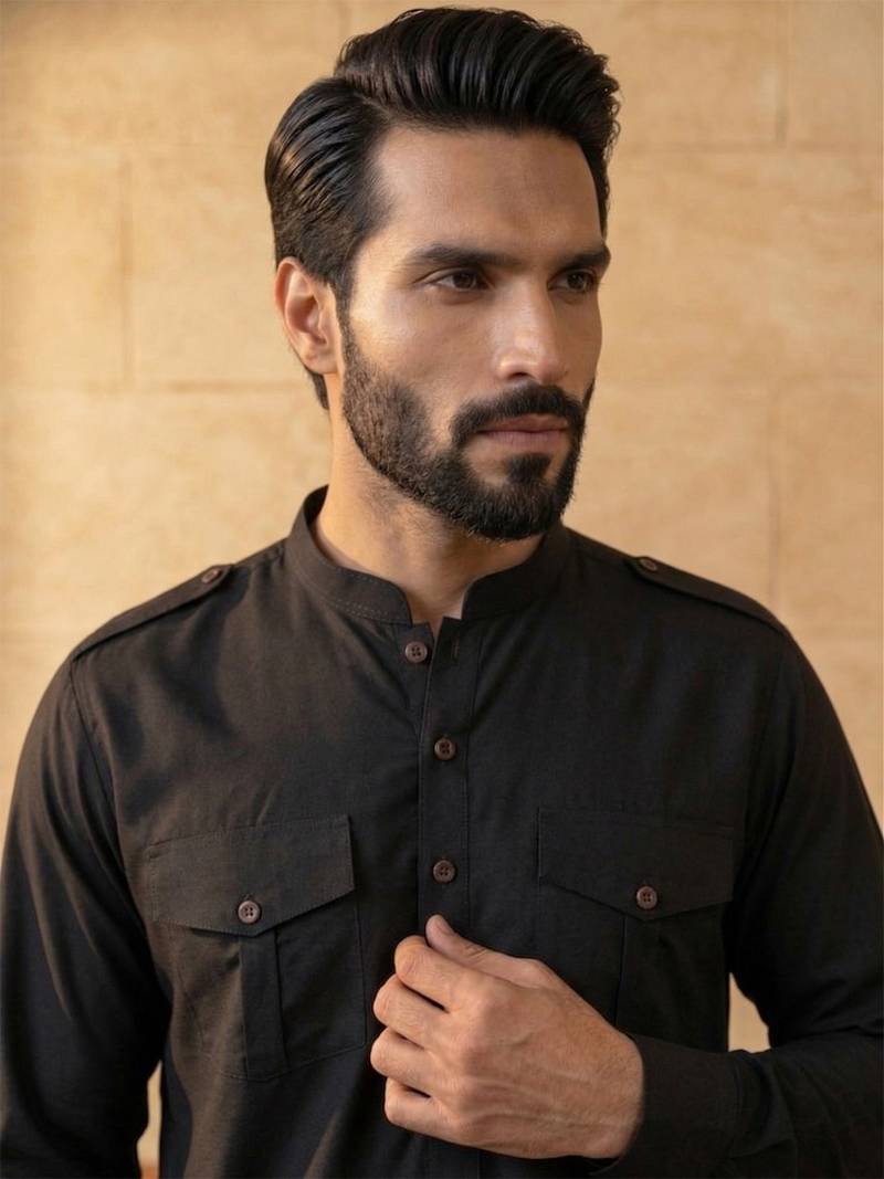 Men black viscose rayon solid straight pathani set