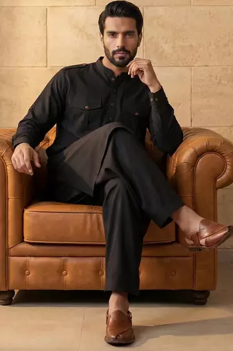 Men black viscose rayon solid straight pathani set